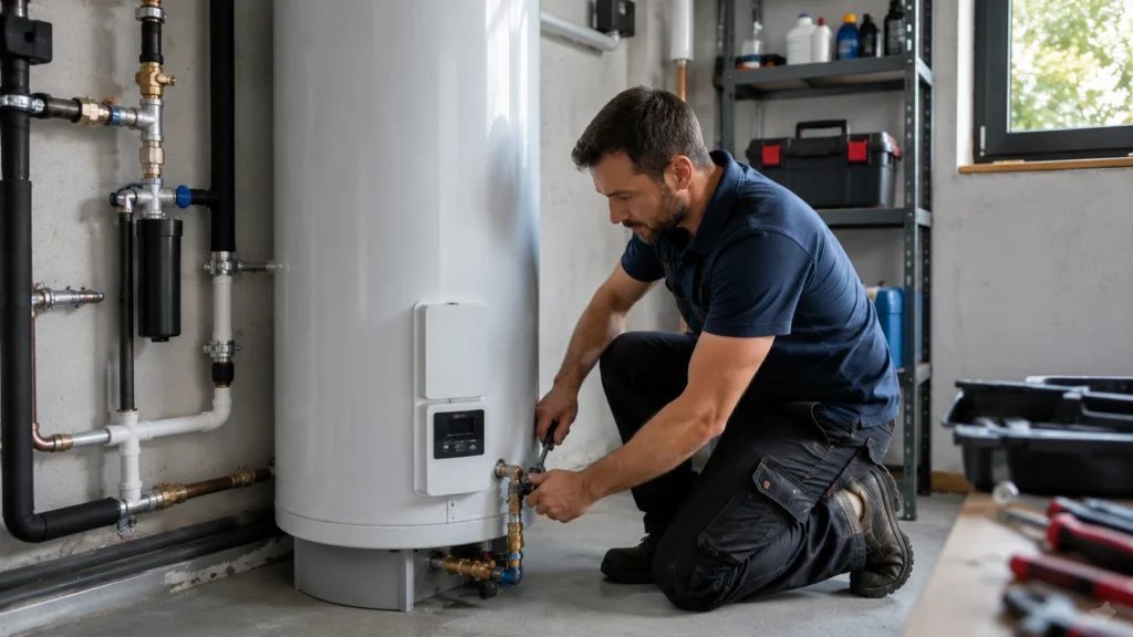 Artisan plombier installant un chauffe-eau moderne à Gaujac dans le Gard